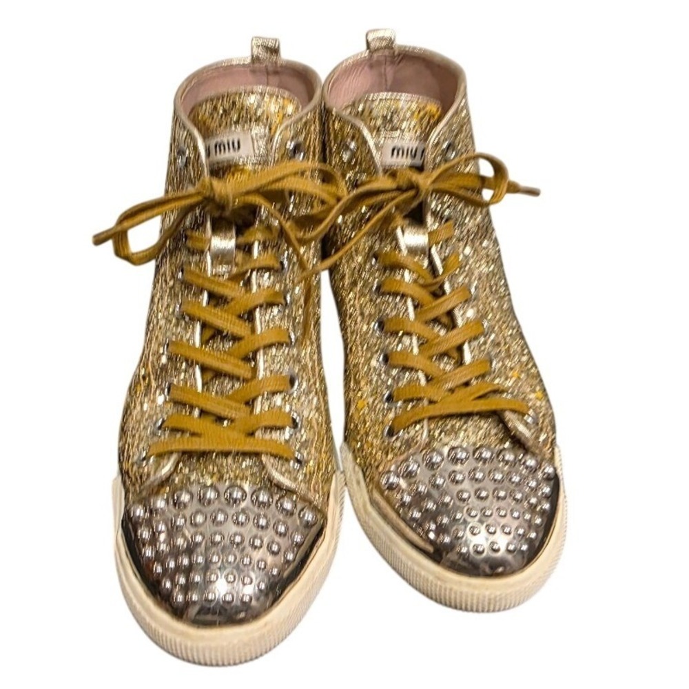 Miu Miu Glitter Studded High Top Sneakers Sz 39.5 Gold Sparkle Silver Studs